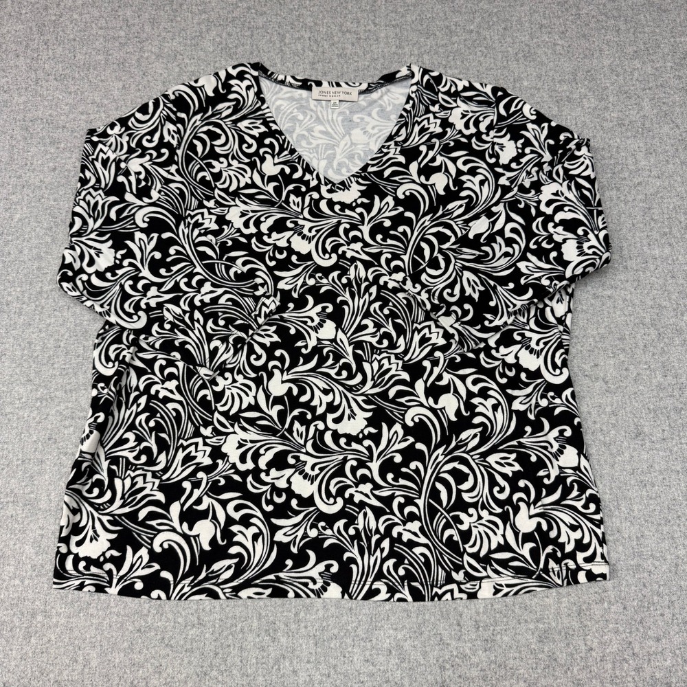 Jones New York Sport Woman Top 2X Black White Floral Scroll Damask Long Sleeve
